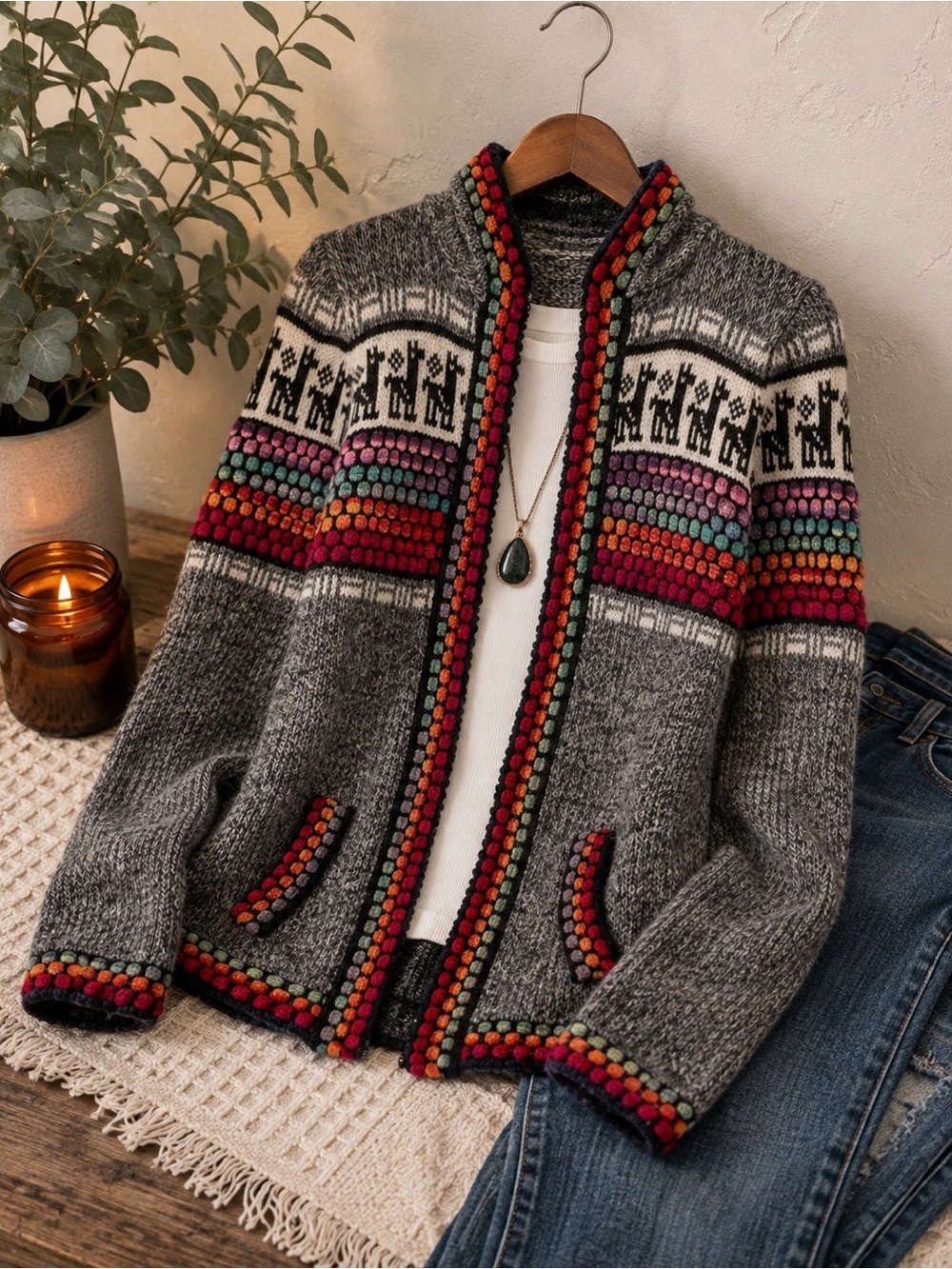 Women's Gray Alpaca Knit Hooded Sweater with Colorful Accents